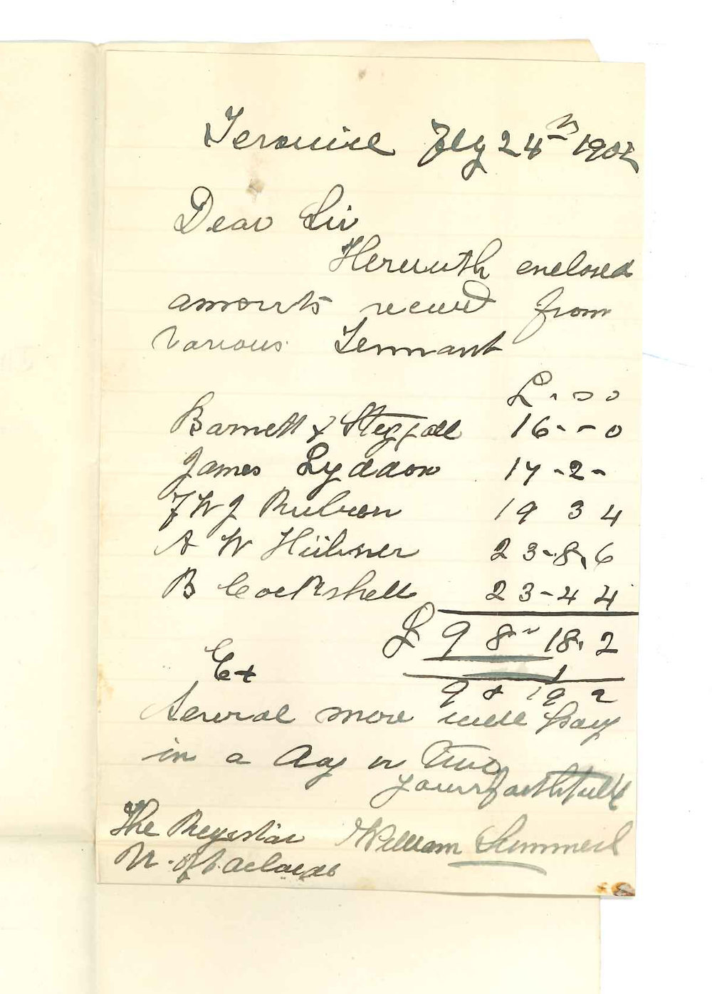 William Summers - Terowie - Forwarding rent from various Tenants