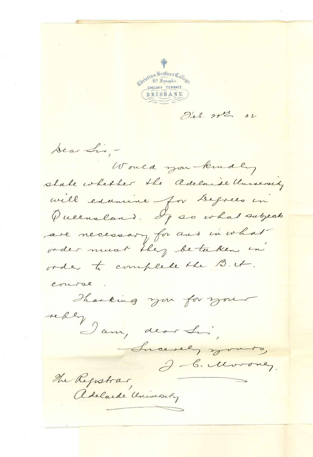 J C Moroney - Christian Brothers College Brisbane - Asking if University Examines for Degrees in Brisbane