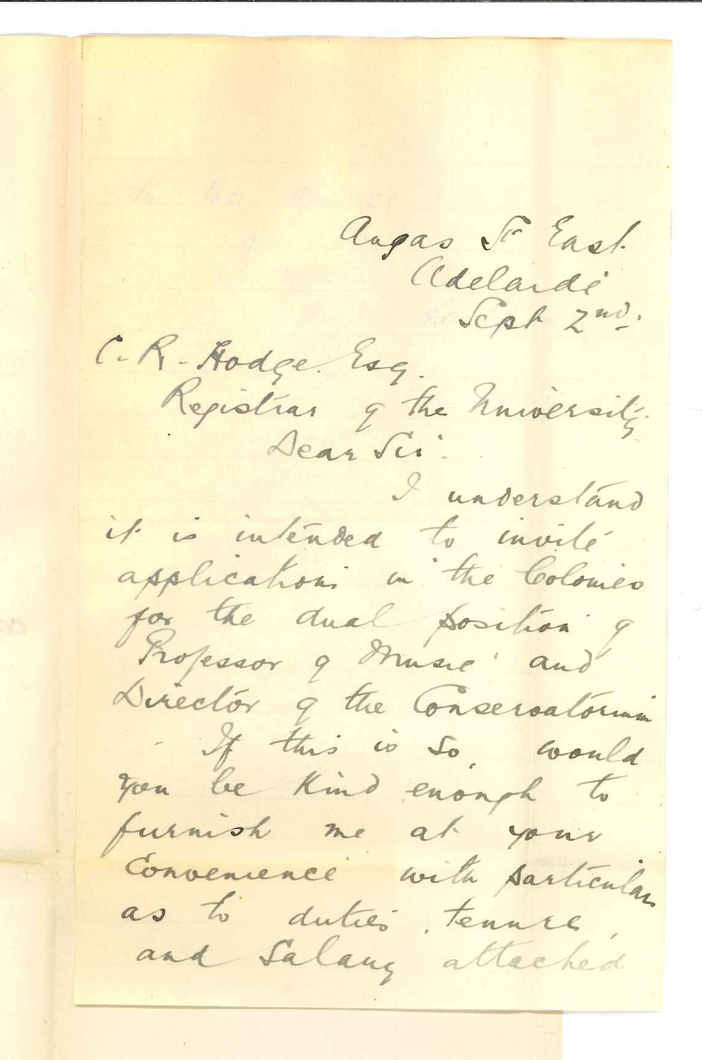 Edward Harold Davies - Adelaide - Asking for information concerning the position of Professor of Music