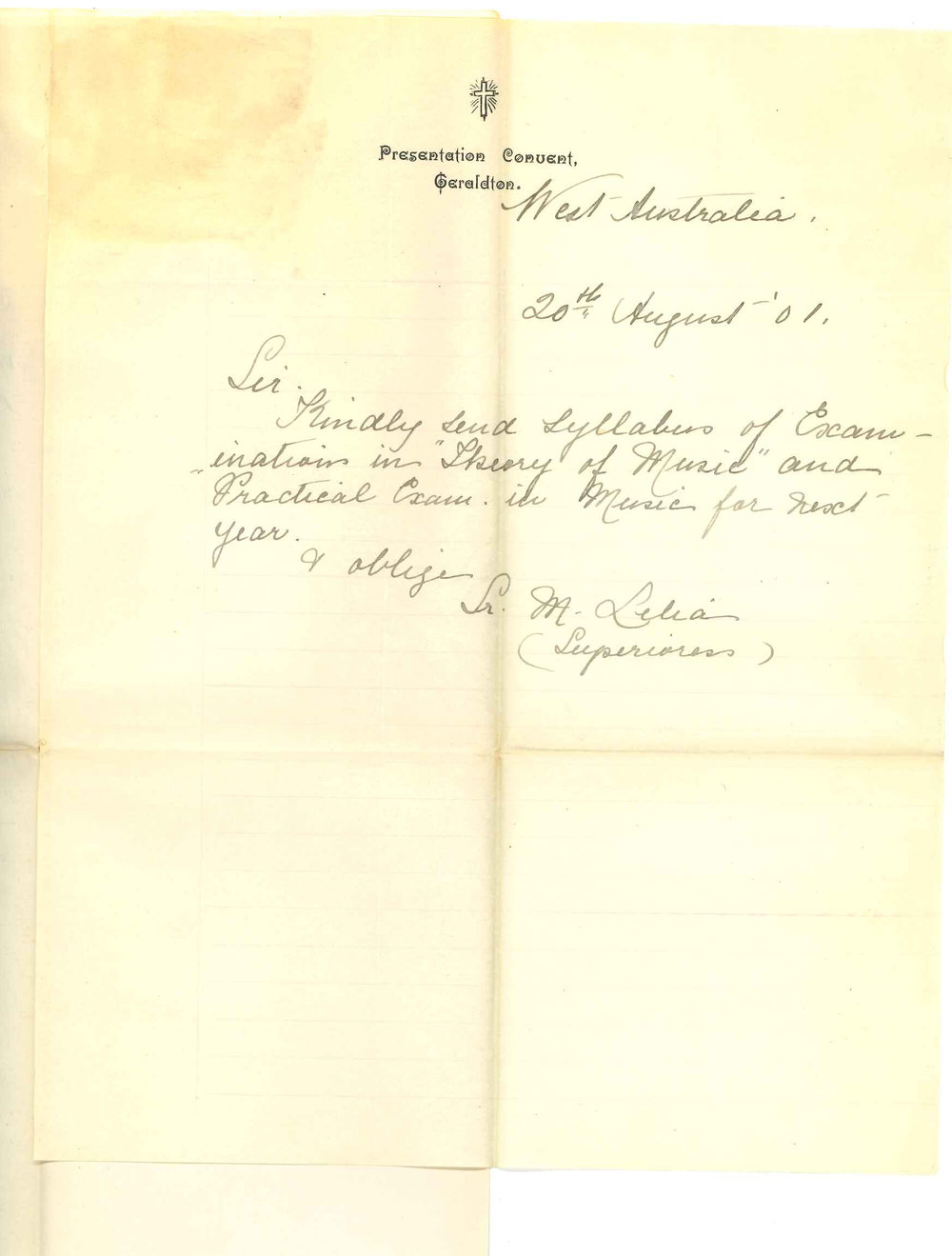 The Lady Superior - Presentation Convent - Geraldon WA - Requesting Syllabus of Music examinations for 1902
