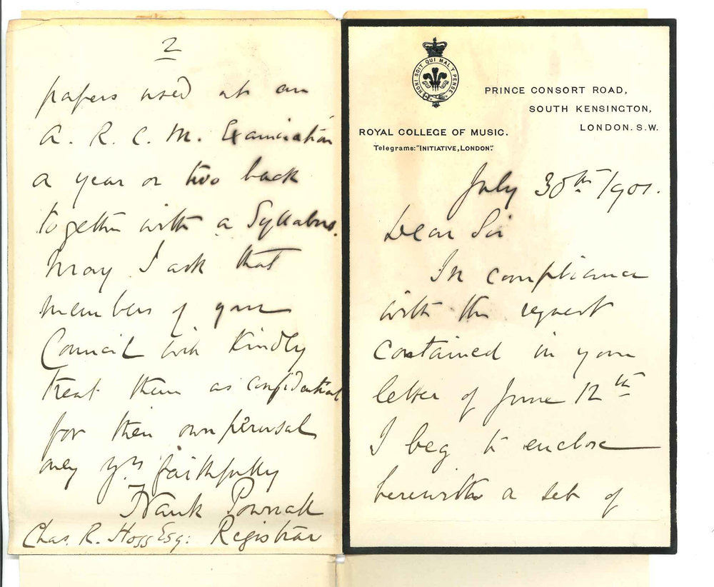 Frank Pownak - Royal College of Music - London - Forwarding Examination papers for ARCM and asking that they may be treated as confidential