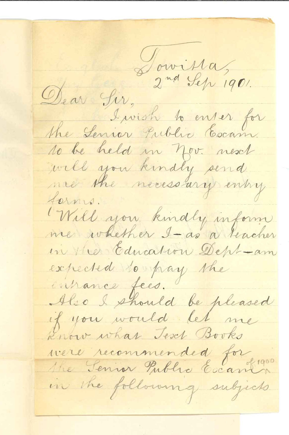 George A Morphett - Towitta - Asking for information concerning Senior Public Examination