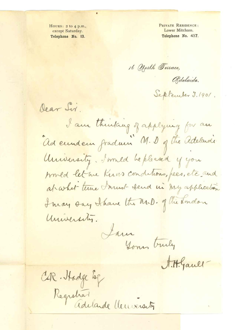 Arthur Henry Gault - Adelaide - Information concerning admission ad eundem gradum