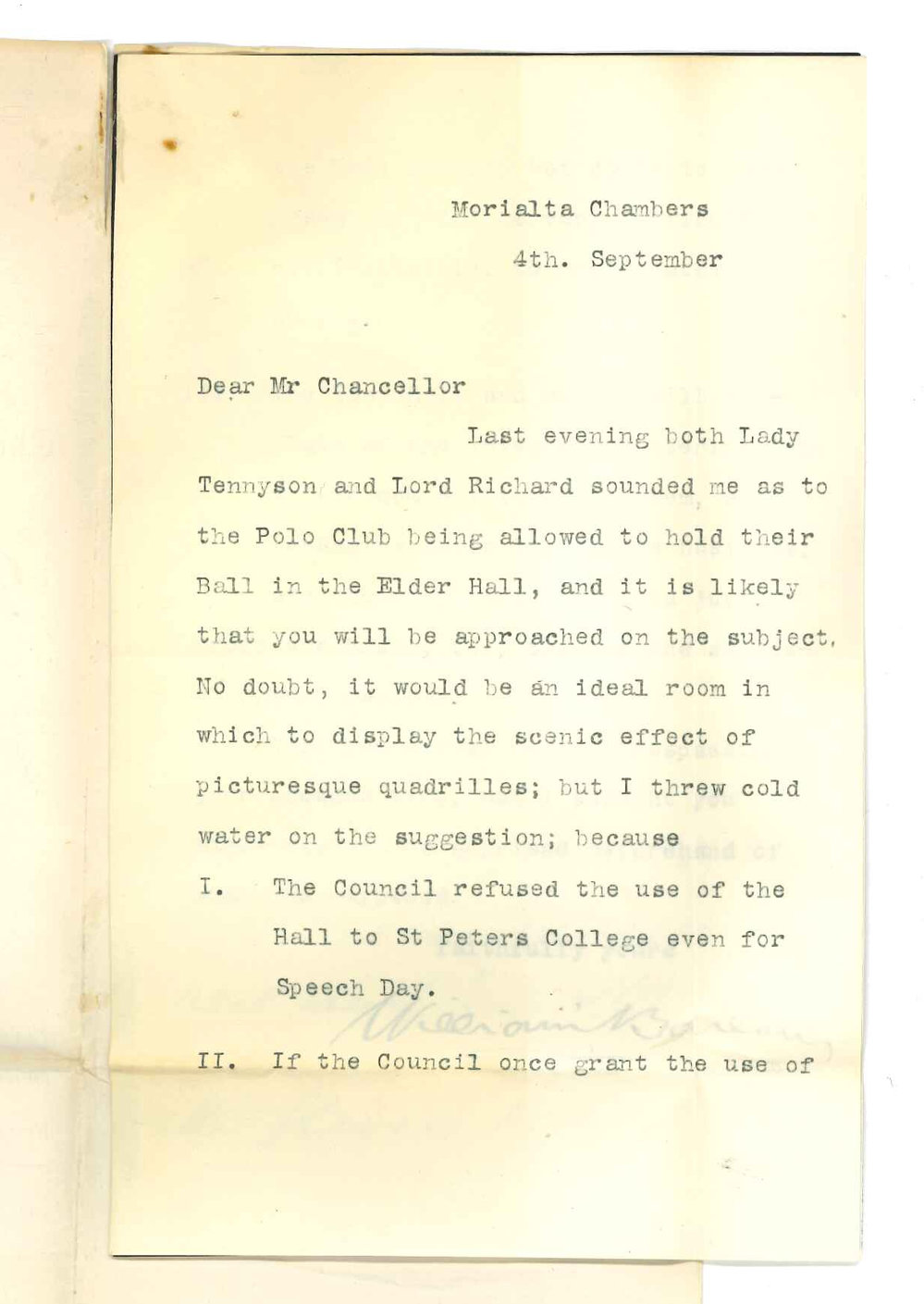 Lord Richard Nevill - Government House - Adelaide - Asking for use of the Elder Hall for Polo Club Ball
