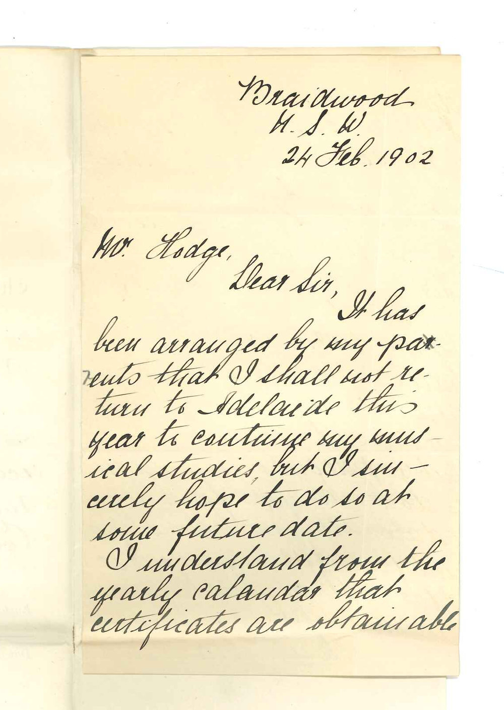 Miss Gwendoline May Hodges - Braidwood NSW - Requesting Certificate for passing first and second year of Music Bachelor Course