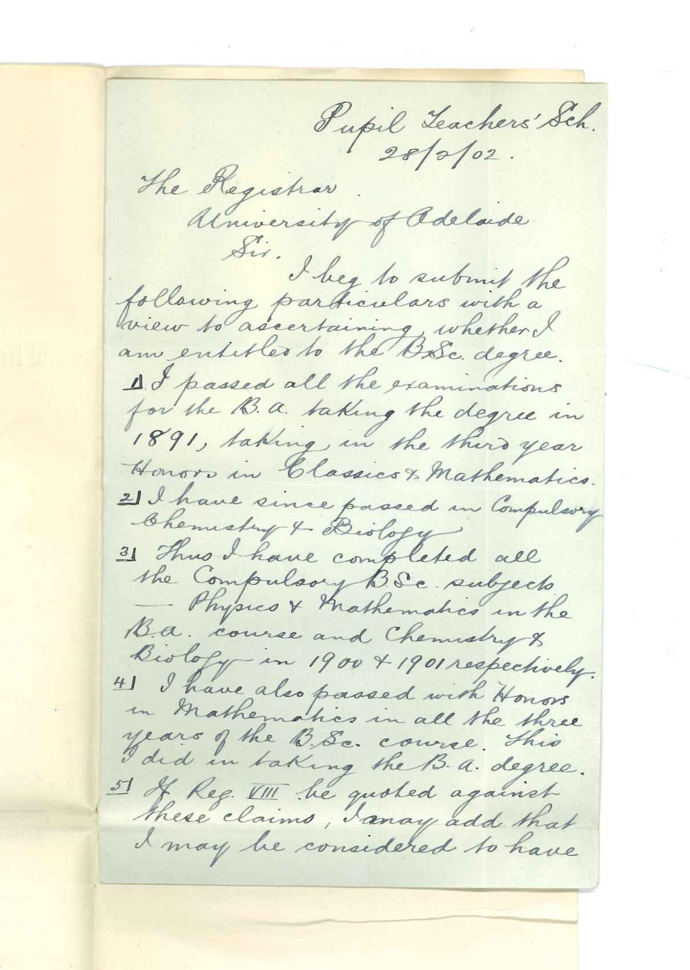 Walter James McCarthy - Adelaide - Submitting particulars to ascertain whether entitled to BSc Degree