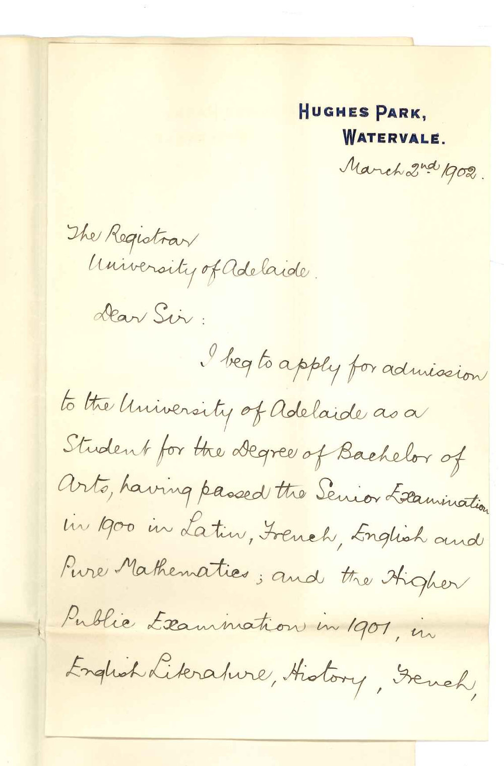 John Grant Duncan Hughes - Watervale - Admission as a student to BA Course