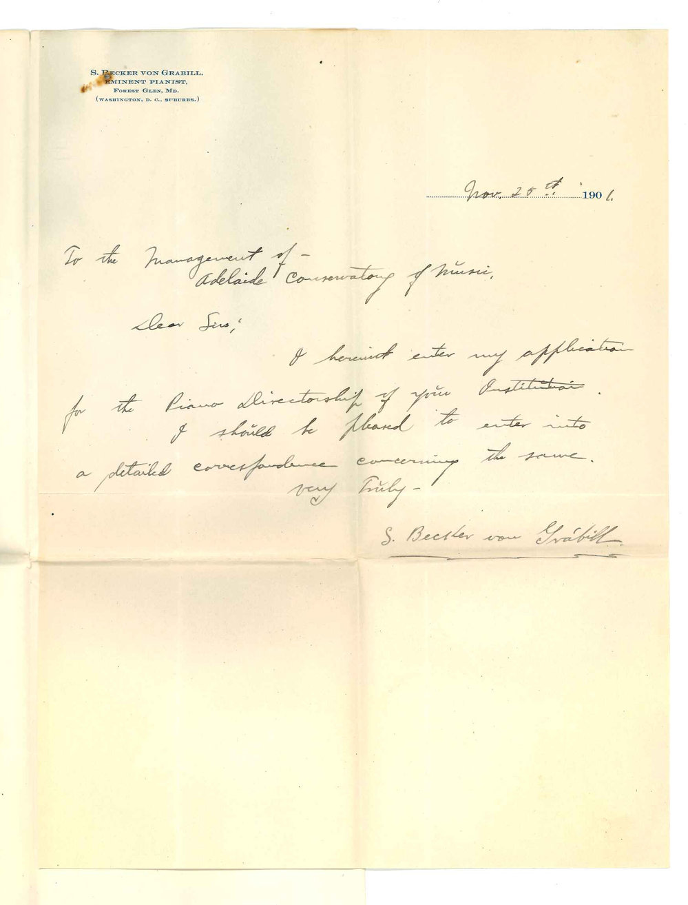 S Becker von Grabill - Washington - Application for position of Director of Conservatorium