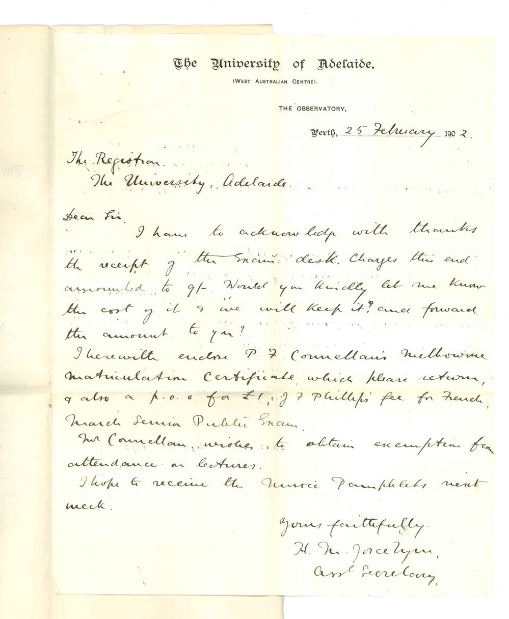 Henry Maurice Joscelyne - Perth - Receipt of Exam desk Forwarding P F Connellan Certificate and Phillips Senior Exam fee