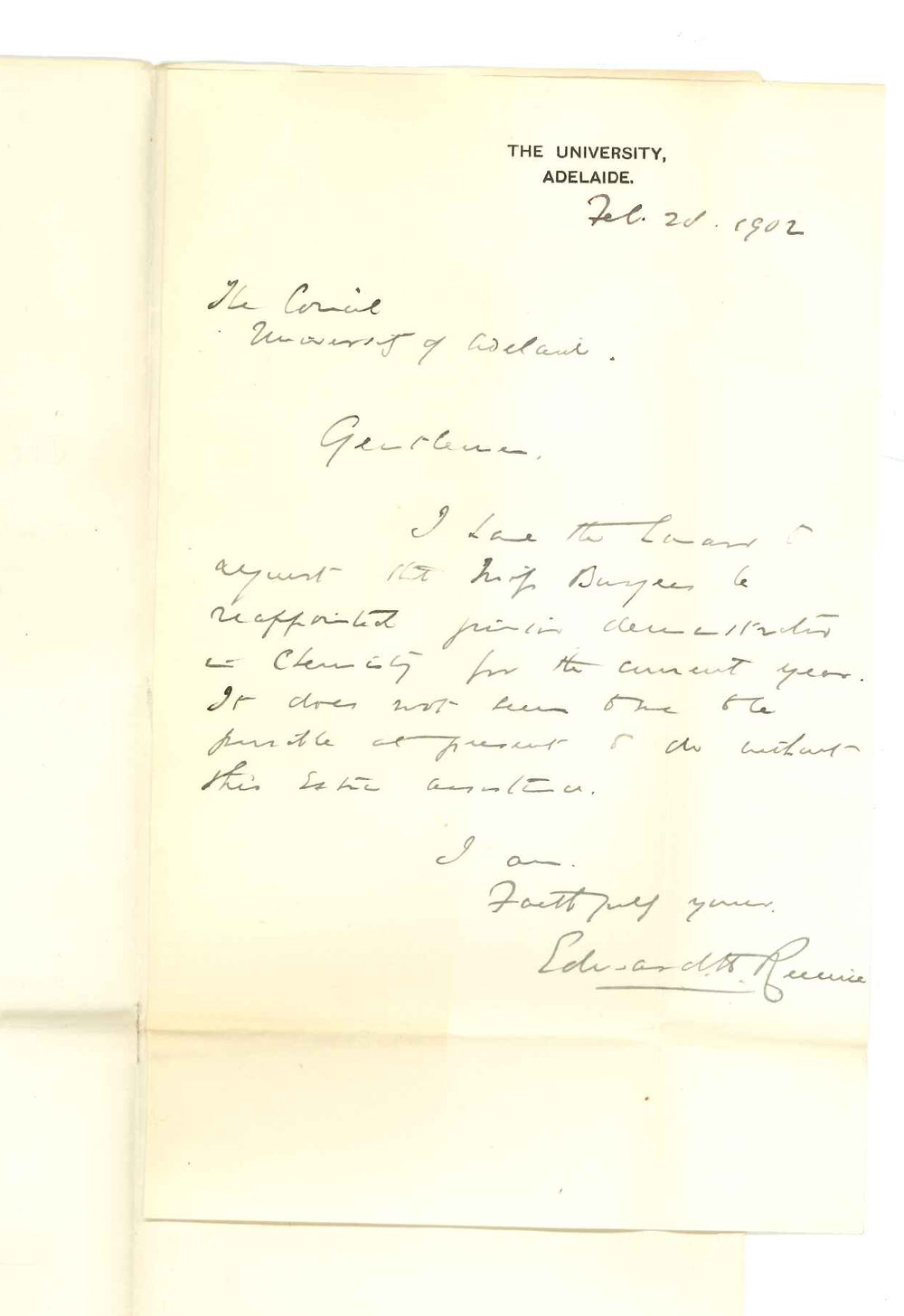 Professor Edward Henry Rennie - University - Asking that Miss Burgess be reappointed