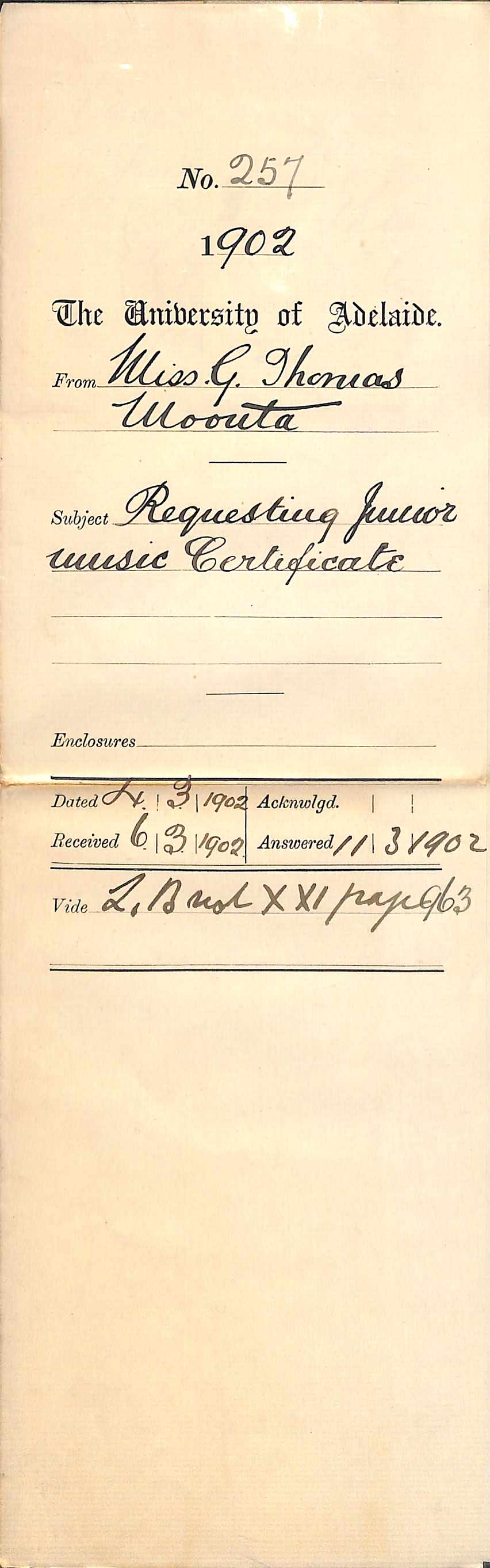 Miss Genevieve Thomas - Moonta - Requesting Junior Music Certificate