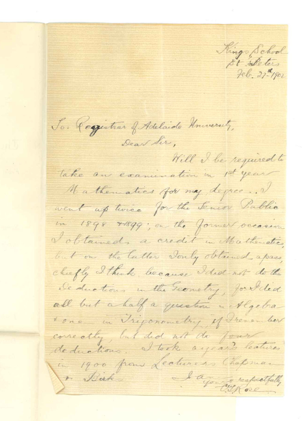 Clement Thomas Rose - St Peters - With respect to Mathematics for BA Course