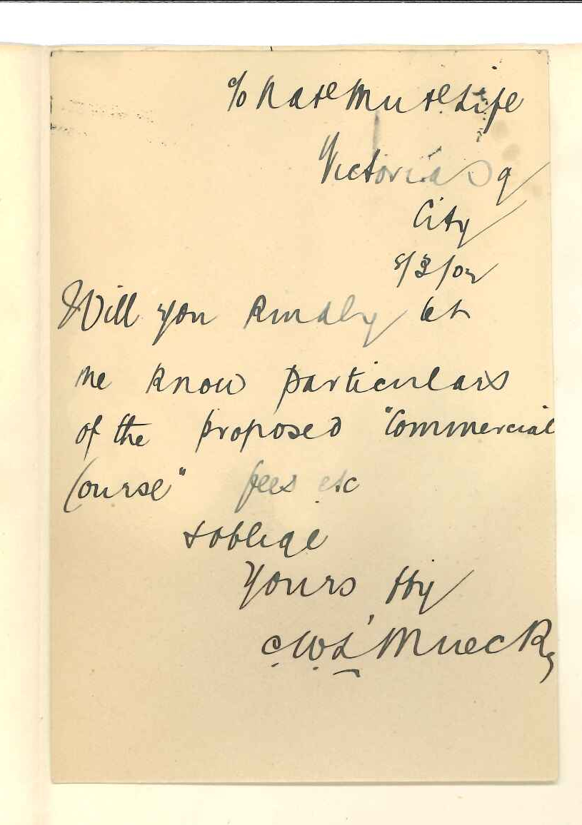 Carl Wilhelm Ludwig Muecke - Adelaide - Requesting particulars of Commercial Course