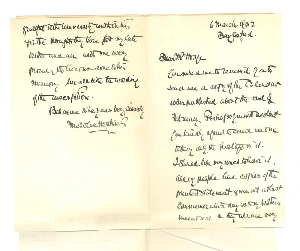 Nicholas Hopkins - Daylesford Victoria - Requesting copy of Calendar with respect to printed statement issued re his brother