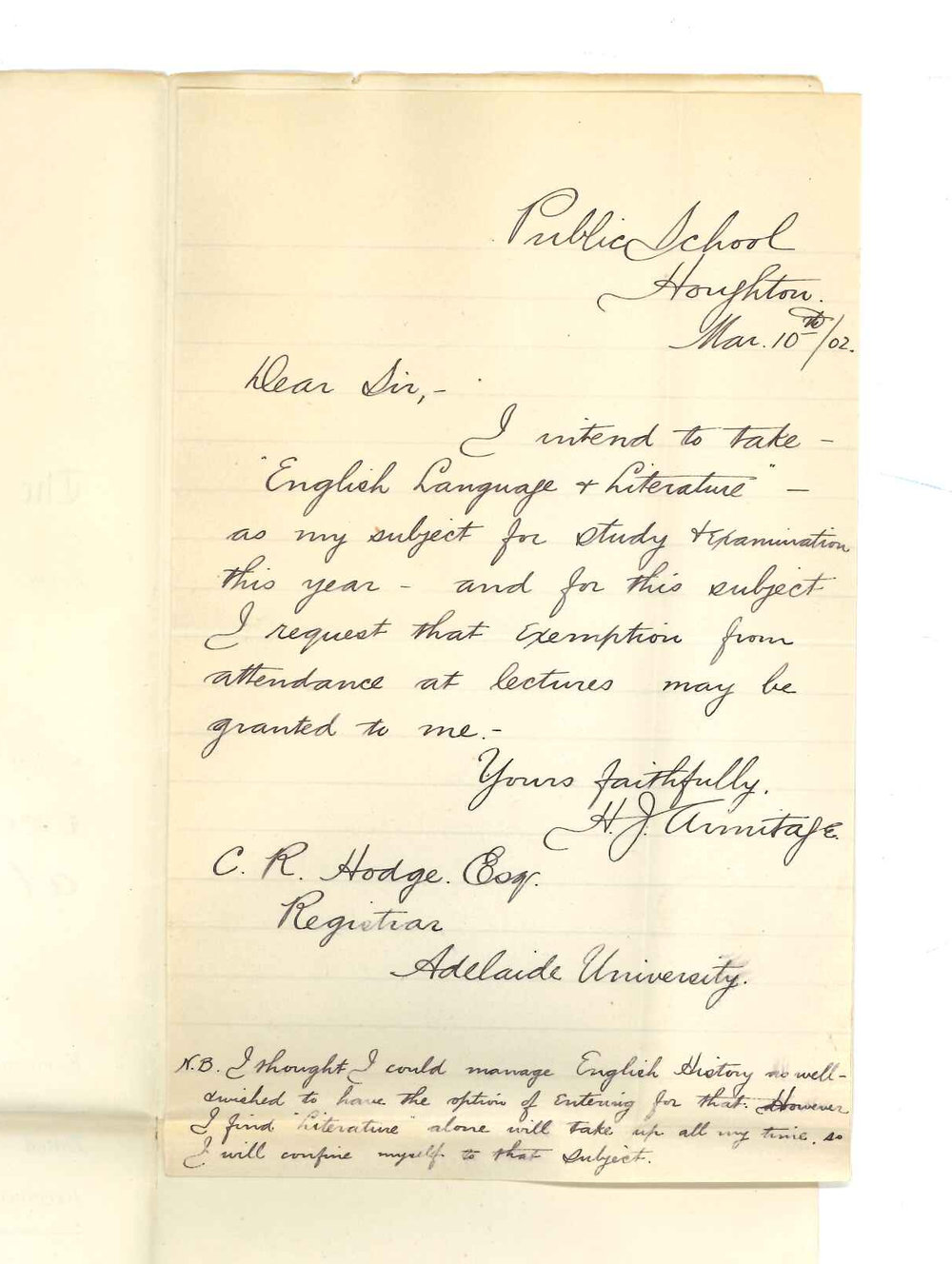 Henry James Armitage - Houghton - Subject requires exemption from attendance at Lectures