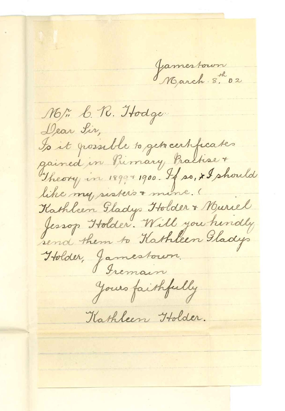 Miss Kathleen Holder - Jamestown - Requesting Primary Music Certificates