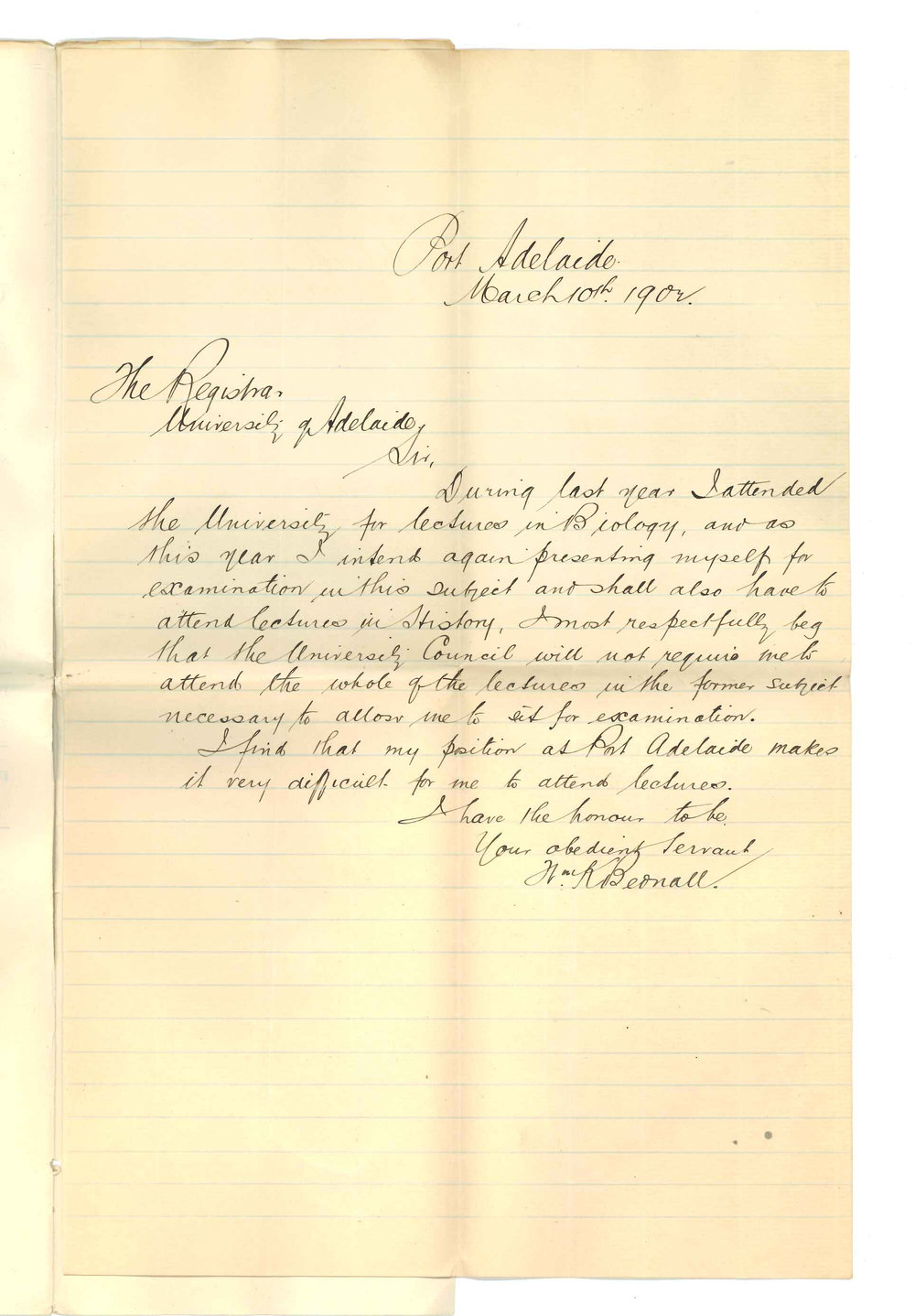 William K Bednall - Port Adelaide - Asking to be exempted from attending lectures on Biology