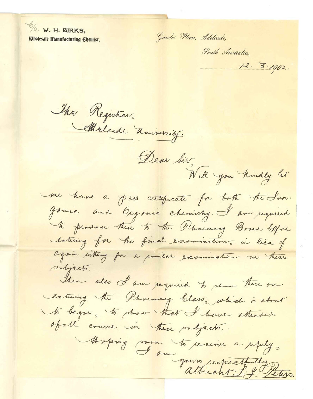 Albrecht L J Peters - Adelaide - Requesting Certificates for passes in Organic and Inorganic Chemistry