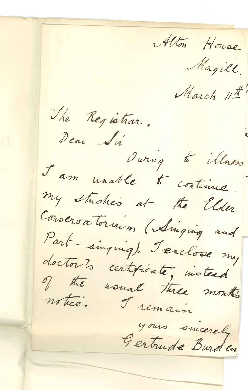 Miss Gertrude Burden - Magil - Discontinuing lessons at Conservatorium