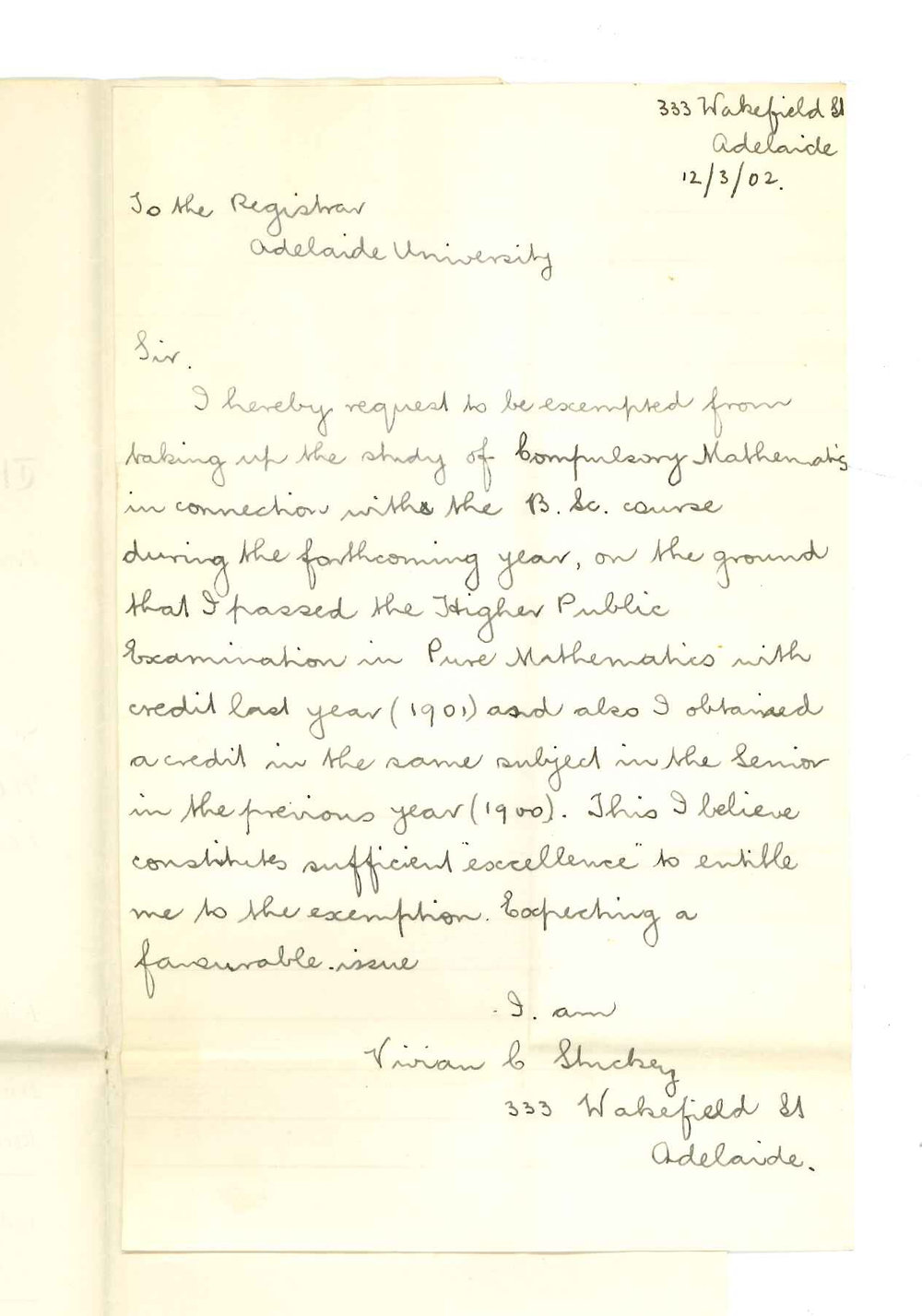 Vivian C Stuckey - Adelaide - Asking to be exempted from taking Mathematics in BSc Course