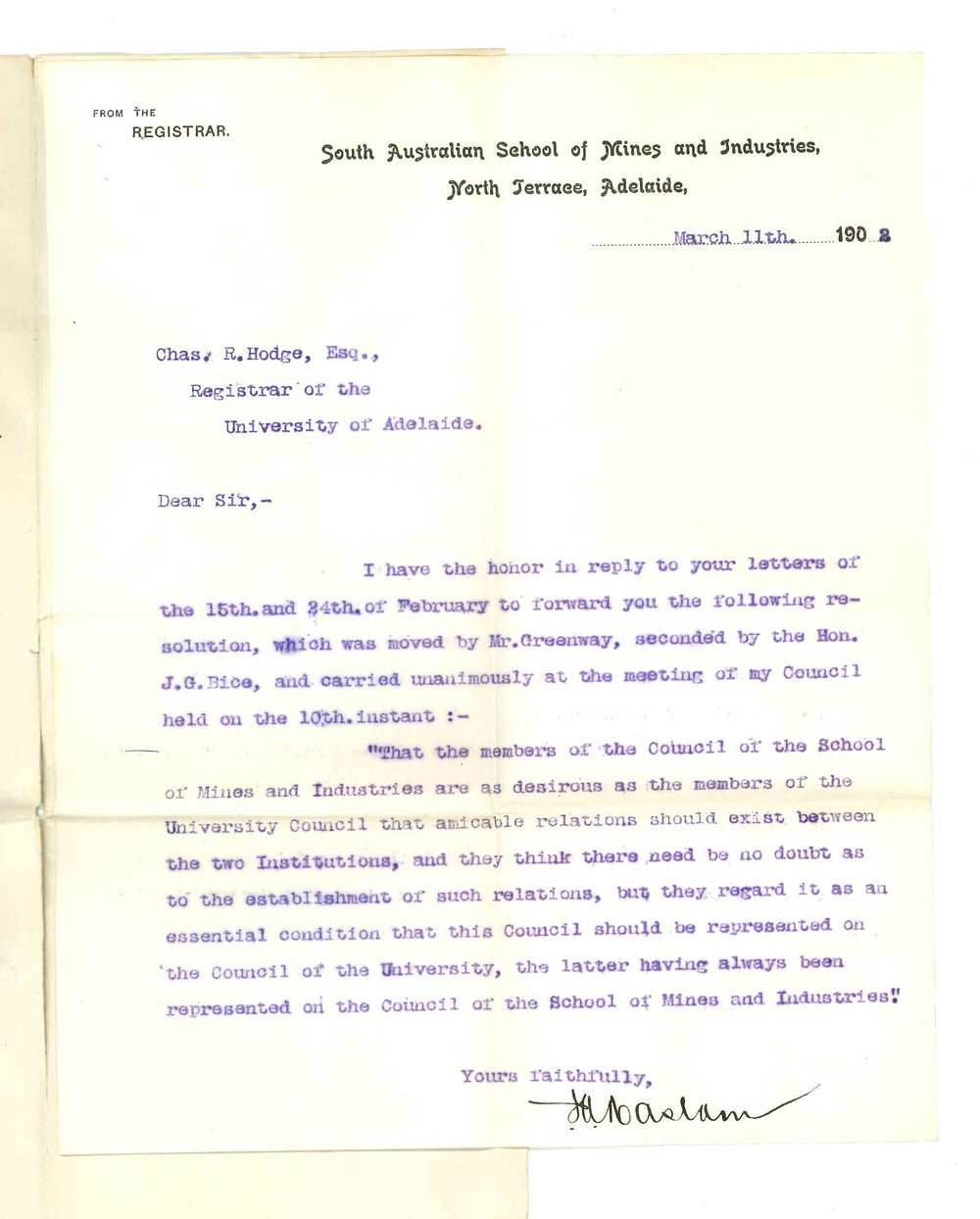 J A Haslam - Registrar - South Australian School of Mines and Industries - Adelaide - Forwarding copy of Resolution passed at Council Meeting of 10 instant