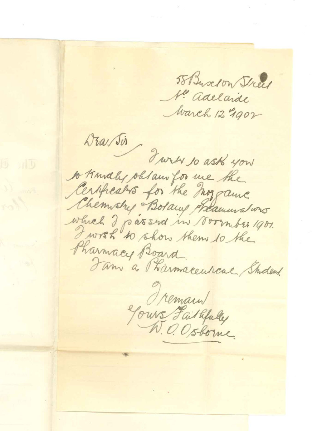 W O Osborne - North Adelaide - Requesting Certificates for passes in Botany and Chemistry