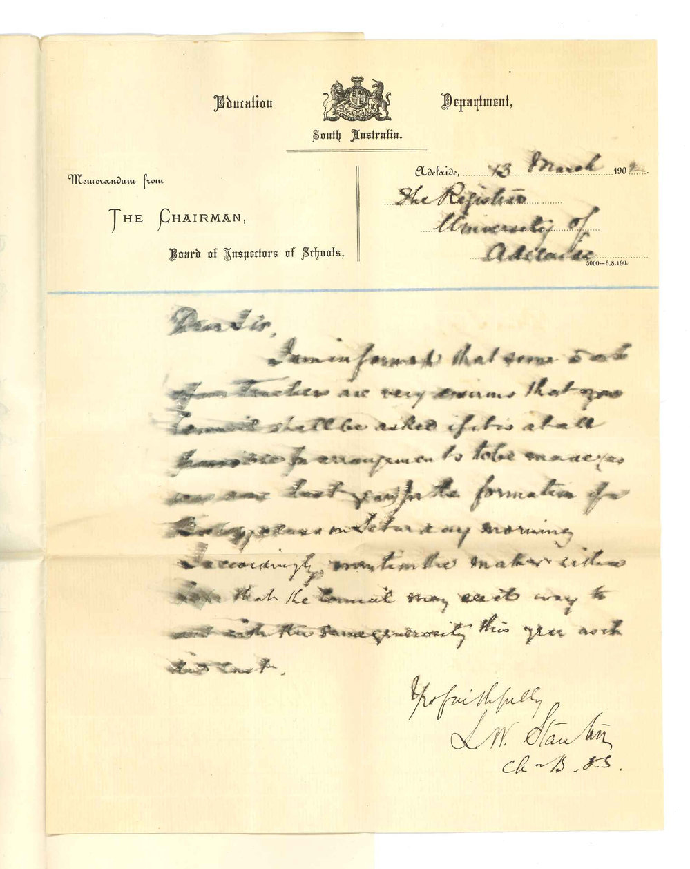 L W Stanton - Education Department - Adelaide - Asking that a Biology class may be held on Saturday mornings