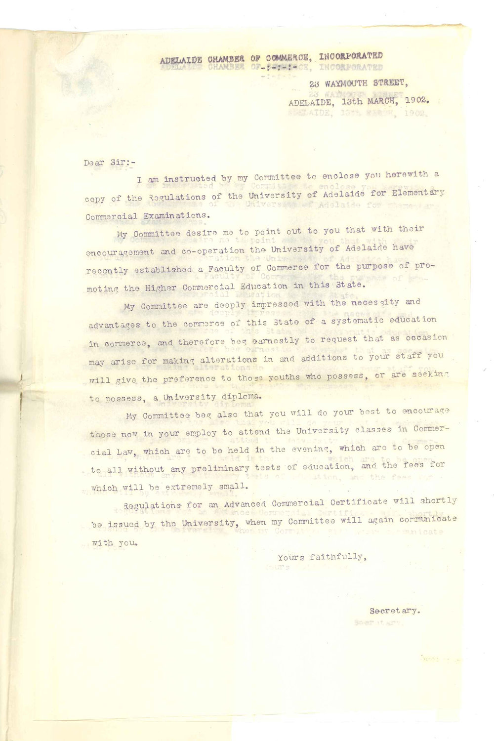 John Creswell - Secretary - Chamber of Commerce - Forwarding a copy of circular which is being issued with respect to Commercial Education