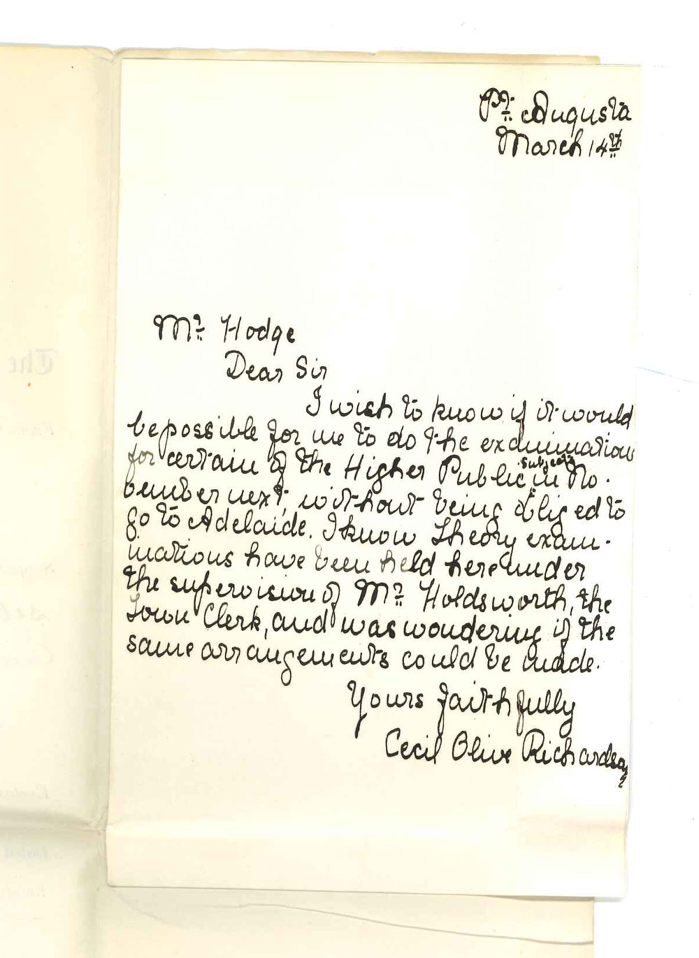 Miss Cecil Olive Richardson - Port Augusta - Asking if she may sit for Higher Public Exam at Port Augusta