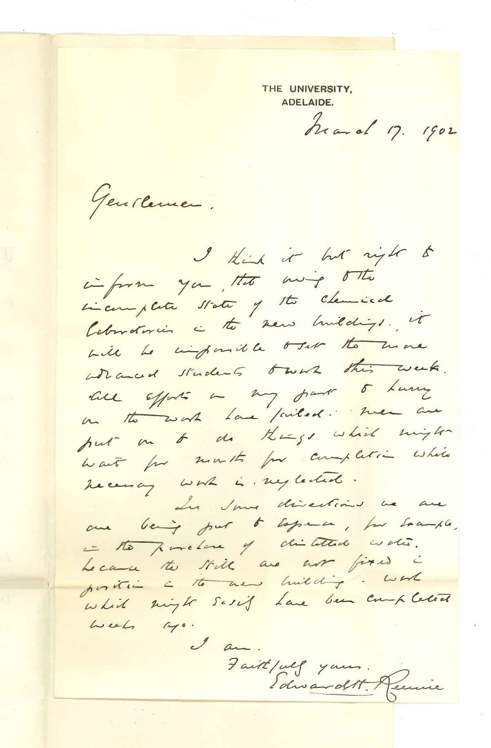 Professor Edward Henry Rennie - The University - Concerning the completion of new buildings