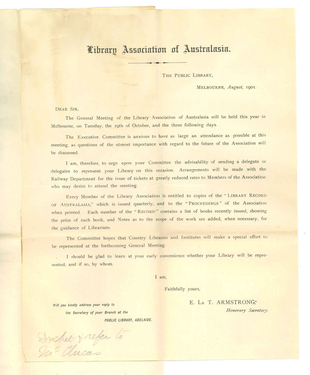 E La T Armstrong -Honorary Secretary - Library Association of Australia - Melbourne - Delegates to the Melbourne meeting of LAA