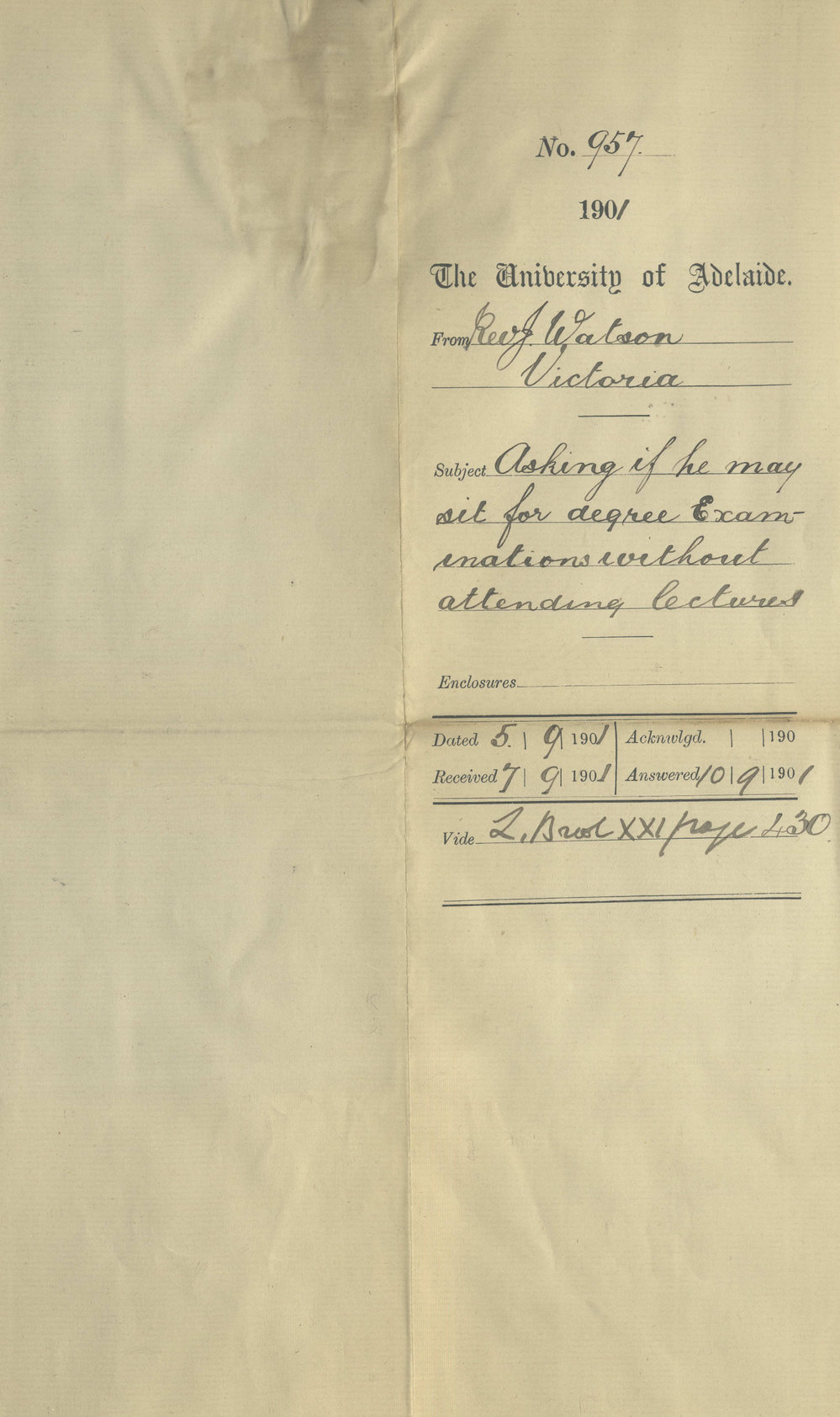 Reverend J John Watson - Victoria - Asking if he may to sit for degree examinations without attending lectures