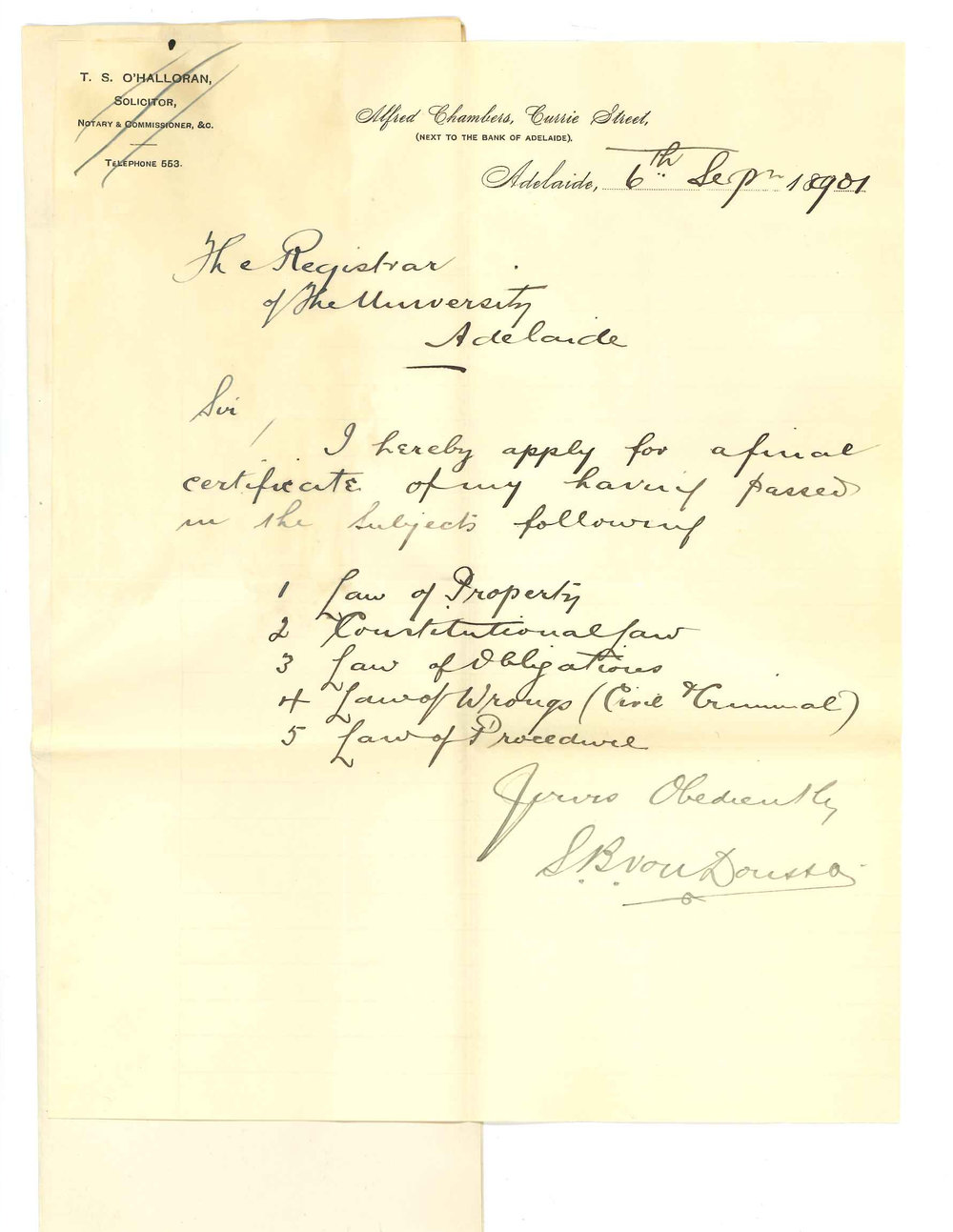 Stanley Bowman von Doussa - Adelaide - Application for final Certificate in Law