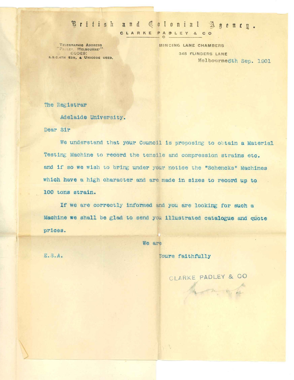 Clarke Padley and Co - British and Colonial Agency - Melbourne - Offering to supply catalogue and prices for Schencks Testing machines