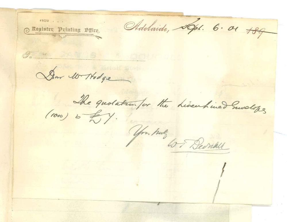 E S Wigg and Son - Sands and McDougall and R K Thomas - Adelaide - Forwarding estimate for making linen lined envelopes