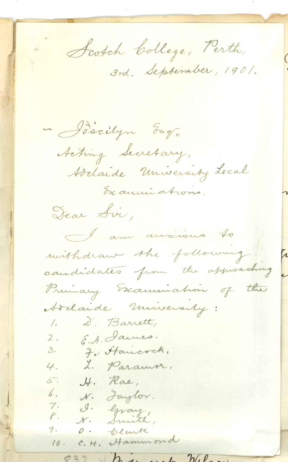 Henry Maurice Joscelyne - Perth - Forwarding names of withdrawals from Primary Public Examinations - Enclosures - Letters