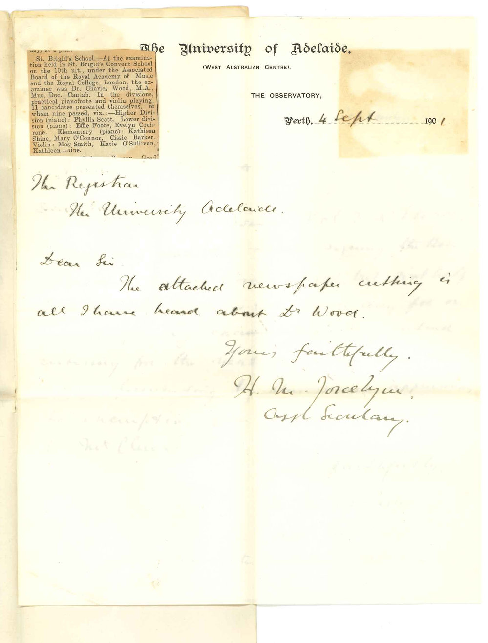 Henry Maurice Joscelyne - Perth - Concerning Dr Charles Wood - Forwarding information regarding Roll Book