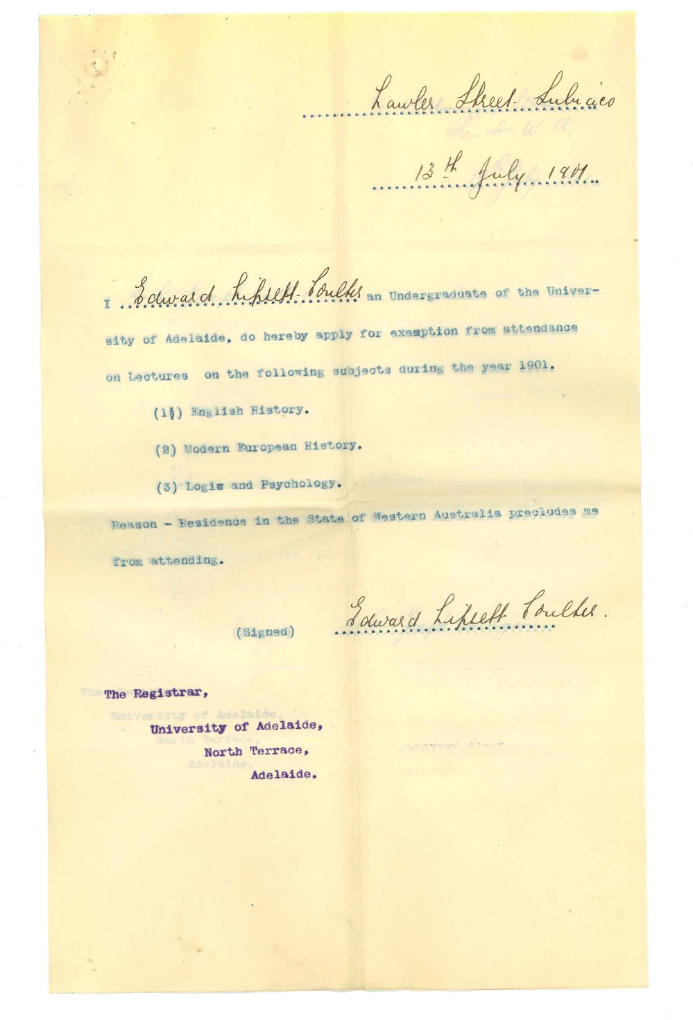Henry Maurice Joscelyne - Perth - Forwarding applications for exemption from attendance at lectures