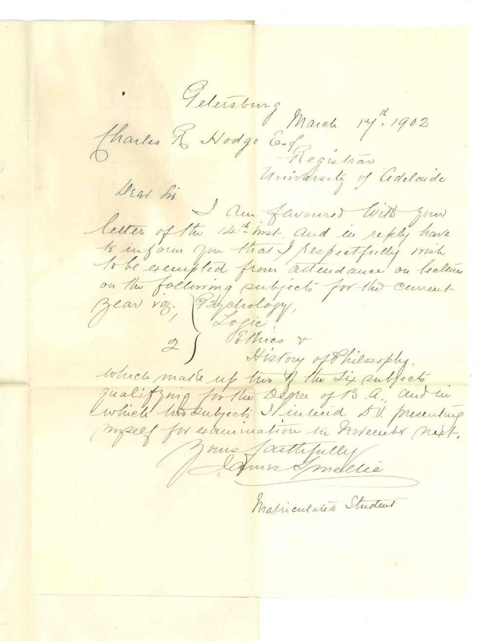 James Smellie - Petersburg - Exemption from attendance at Lectures