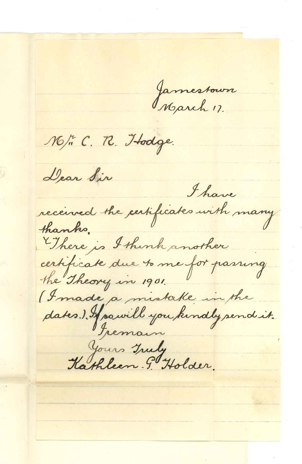 Miss Kathleen G Holder - Jamestown - Requesting Primary Music Certificates