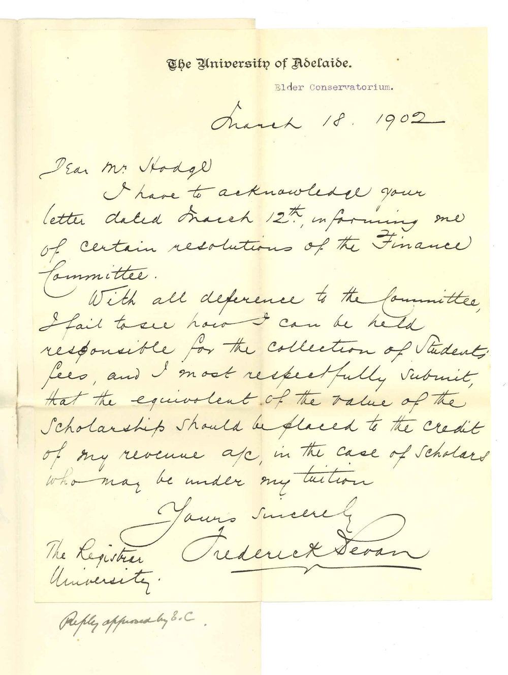 Frederick Bevan - The University - Objecting to decision of Finance Committee regarding arrears of fees