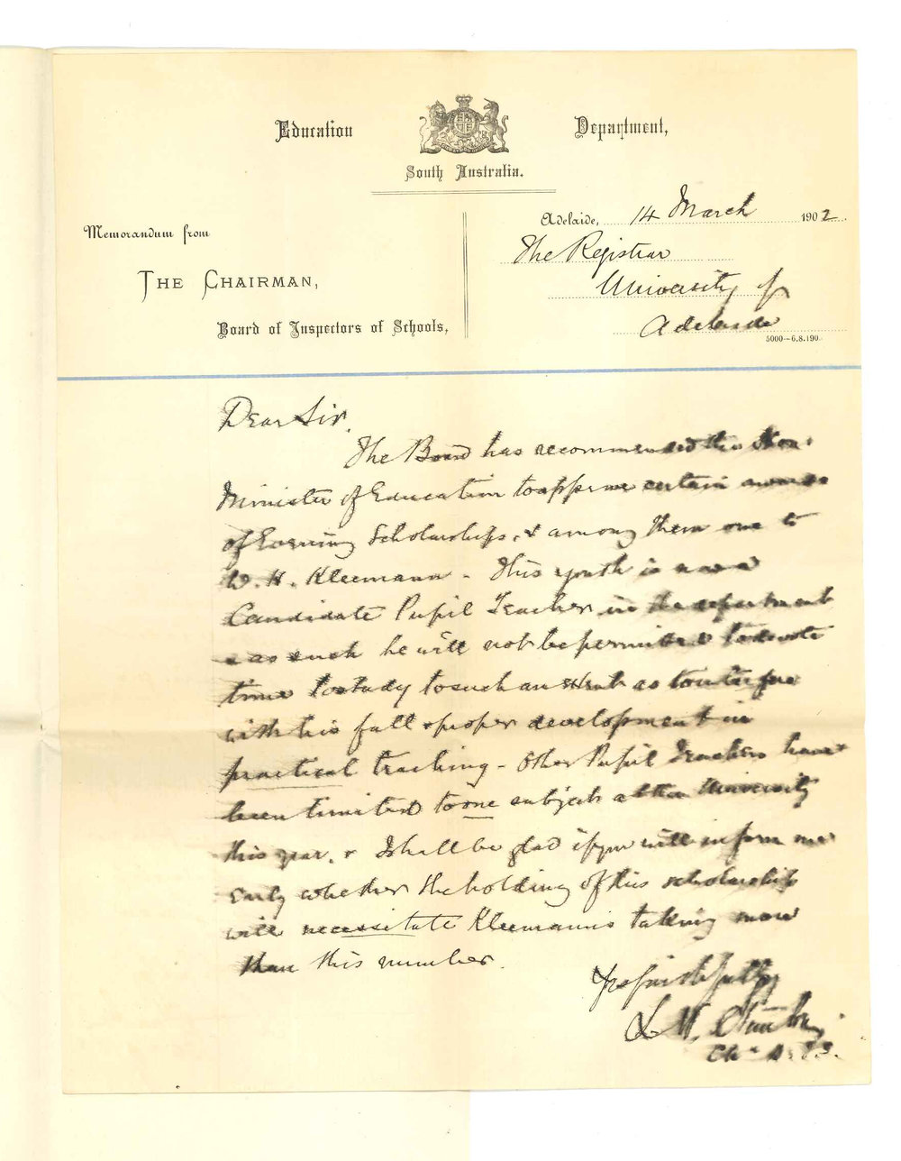 L W Stanton - Education Department - With respect to Mr W H Kleemann and his Evening Scholarship