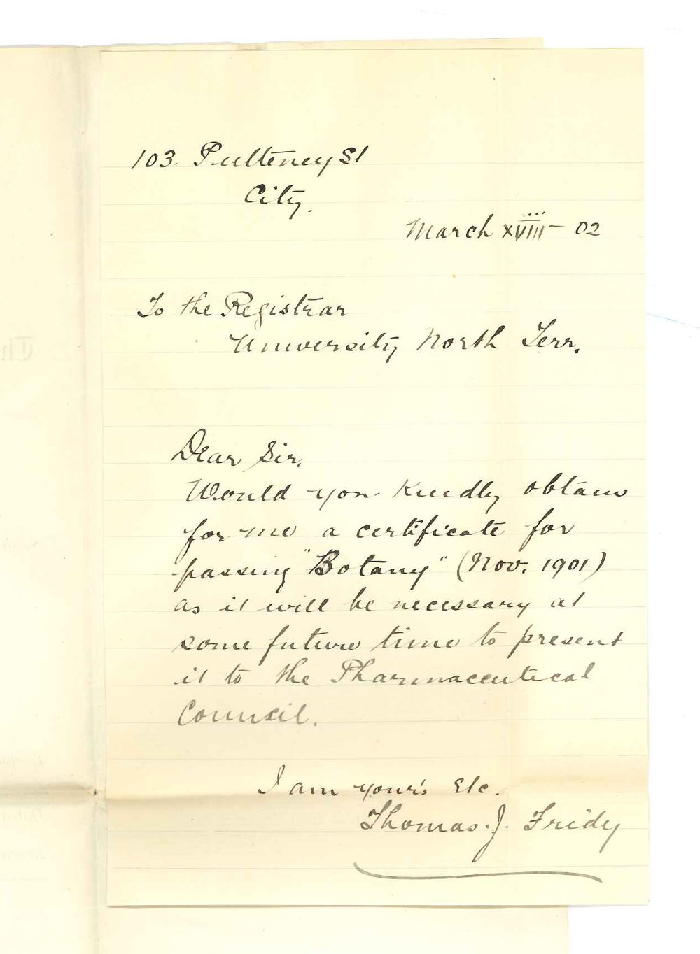 Thomas J Fridy - Adelaide - Requesting Certificate for pass in Botany