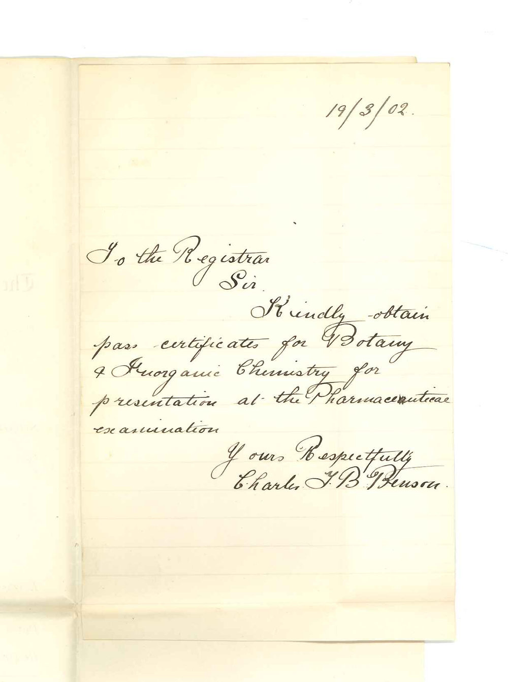 Charles T B Benson - Requesting certificates for Botany and Chemistry