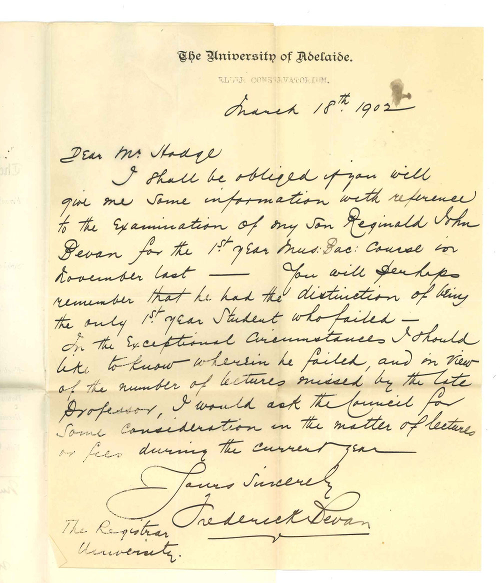 Frederick Bevan - Adelaide - Requesting information with respect to his sons Exam for 1st Year Mus Bac