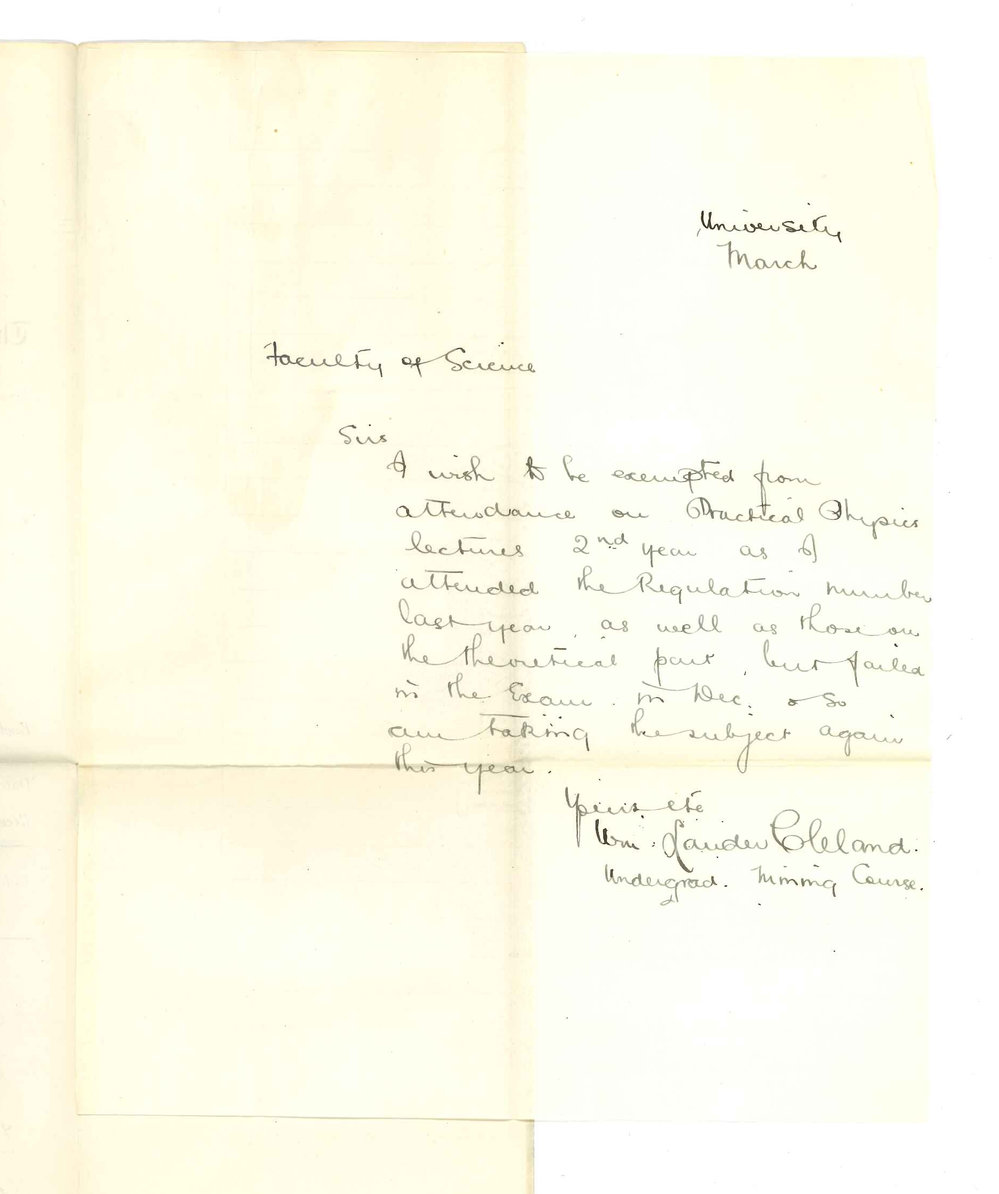 William Lauder Cleland - University - Exemption from attendance at Lectures
