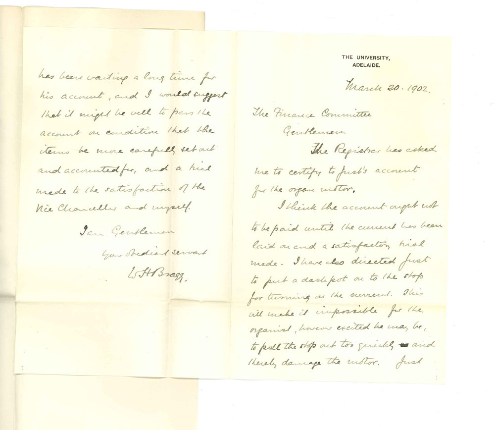 Professor William Henry Bragg - University - Justs account for fixing Conservatorium Motor