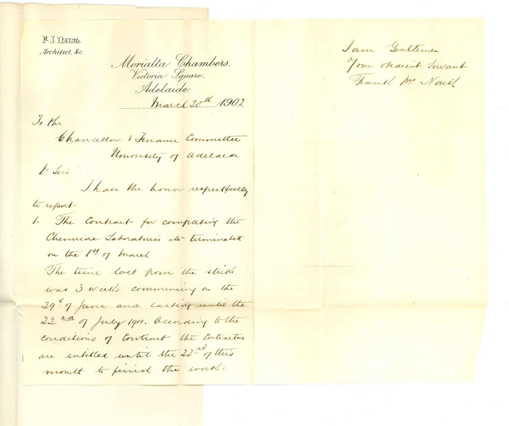 Frank John Naish - Adelaide - Completion of Contract for Science Buildings