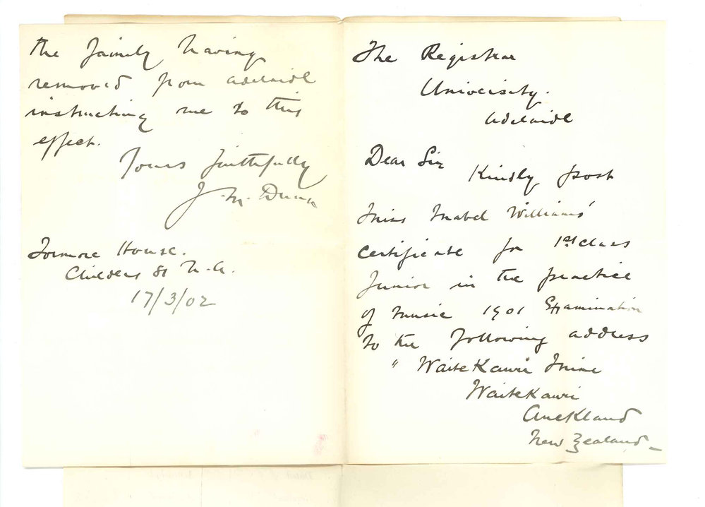 J M Dunn - North Adelaide - Asking that Miss Mabel Williams Junior Music Certificate may be forwarded to her