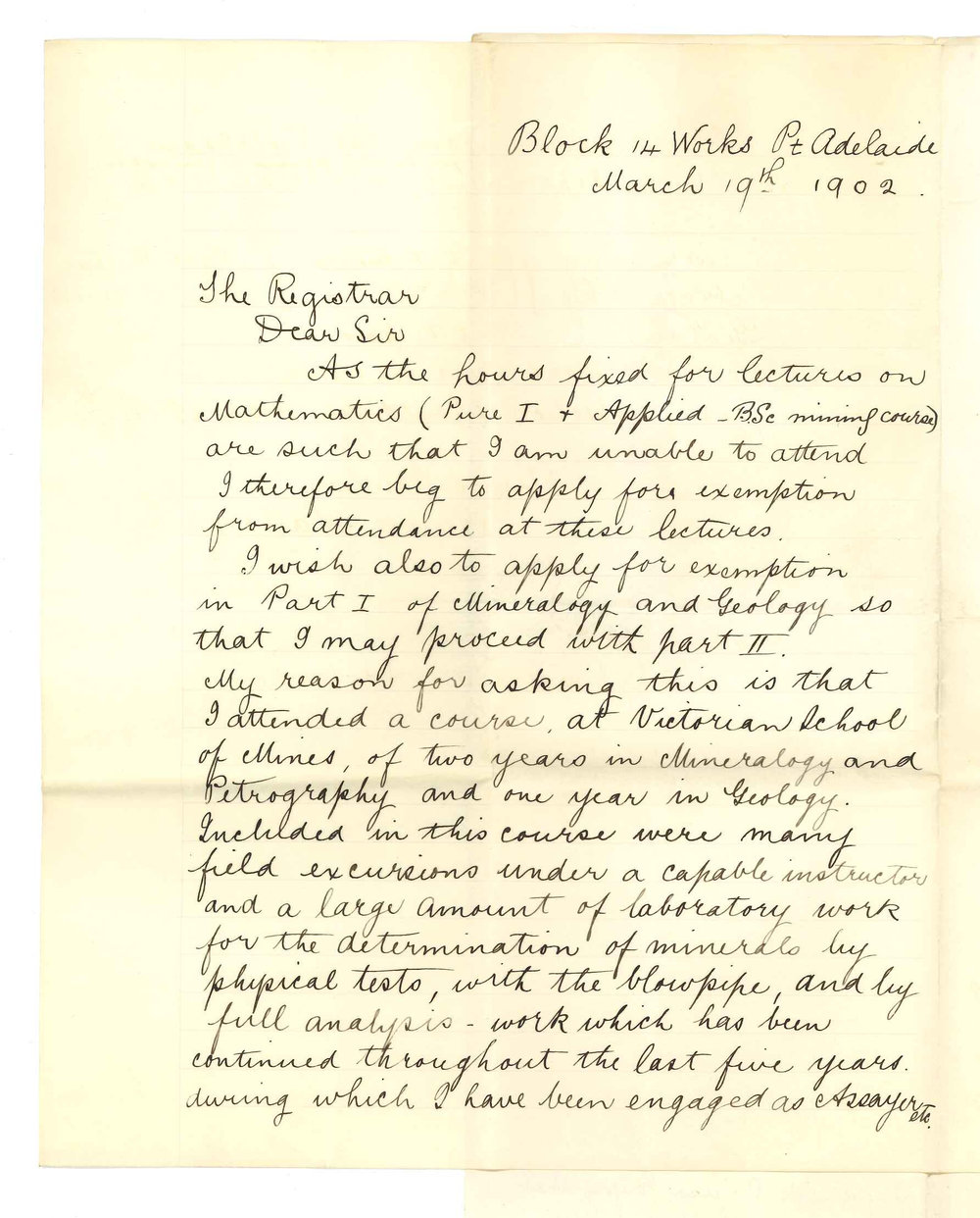 Henry Lavers - Port Adelaide - Exemption from attendance at Lectures